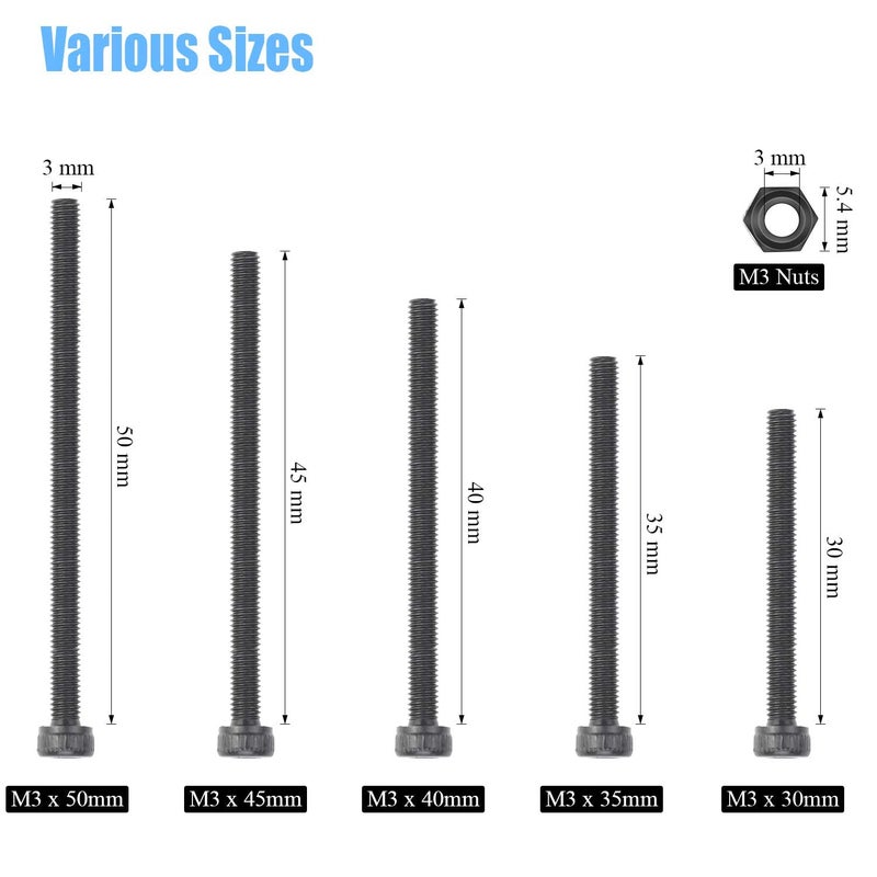 DYWISHKEY 200 Pieces M3 x 30mm/35mm/40mm/45mm/50mm, 12.9 Grade Alloy Steel Hex Socket Head Cap Bolts Screws Nuts Kit with Hex Wrench - Image 3